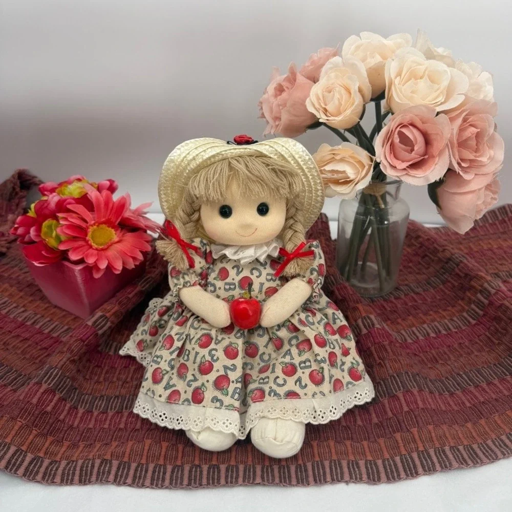 Cacos‎ Musical Wind Up Rag Doll Apple ABC Dress Straw Hat VTG Cottage Core